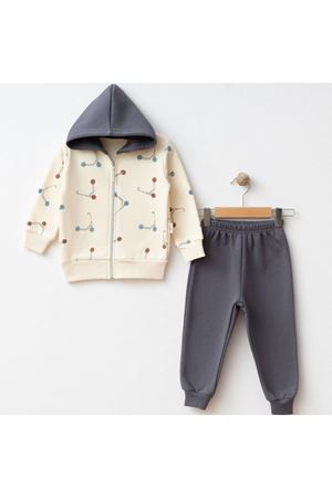 Erkek Çocuk Ekru Gri Renkli Scooter Baskılı Kapşonlu Hırkalı 2'li Takım