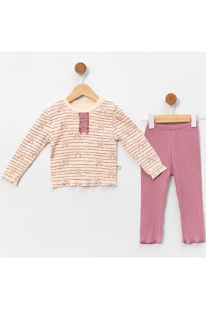 Kız Bebek Ekru Mor Fiyonklu Desenli 2'li Takım