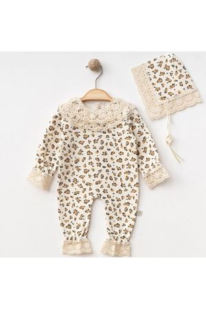 Kız Bebek Ekru Kahve Leopar Desenli Bereli Fistolu Tulum