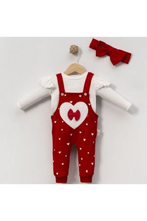 Kız Bebek Kırmızı Kalpli Fiyonklu Bandanalı Salopet Takım