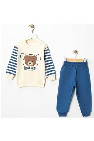 Erkek Bebek Ekru Mavi Çizgili Ayı Nakışlı 2'li Takım