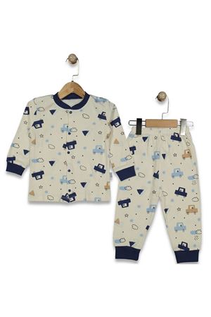 Erkek Çocuk Ekru Laci Arabalı Desenli Çıtçıtlı Pijama Takımı