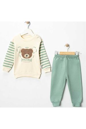 Erkek Bebek Ekru Yeşil Çizgili Ayı Nakışlı 2'li Takım