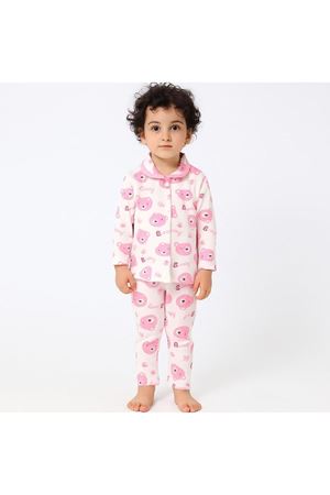 Kız Bebek Ekru Pembe Baby Ayılı Desenli Yakalı Çıtçıtlı Pijama Takımı 0-6 Ay