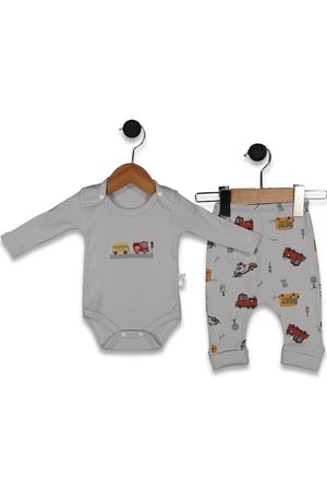 Erkek Bebek Gri Araba Desenli Zıbınlı 2'li Takım