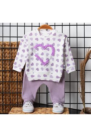 Kız Bebek Ekru Lila Kalpli Desenli Fitilli 2'li Takım