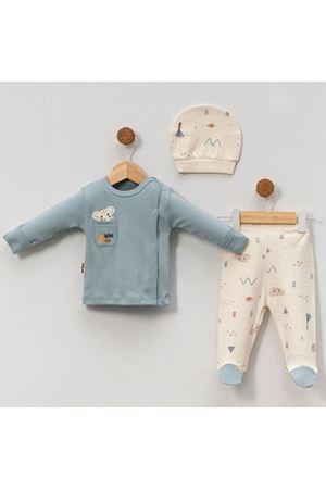 Erkek Bebek Mavi Ekru Fil Nakışlı Çıtçıtlı Pijama Takımı 0-3 Ay