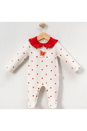 Kız Bebek Ekru Kırmızı  Puanlı Kelebekli Patikli Kadife Tulum