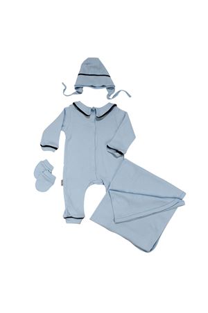 Erkek Bebek Mavi Laci Biyeli Bereli Tulum Battaniye Dört Parça Set 0-3 Ay