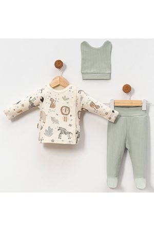 Erkek Bebek Ekru Yeşil Fil Safari Hayvanlı Pijama Takımı 0-3 Ay