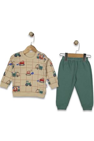 Erkek Bebek Bej Yeşil Traktör Baskılı 2'li Takım