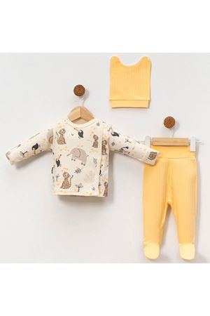 Erkek Bebek Ekru Sarı Fil Safari Hayvanlı Pijama Takımı 0-3 Ay
