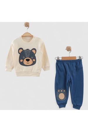 Erkek Bebek Ekru Mavi Ayılı Baskılı 2'li Takım