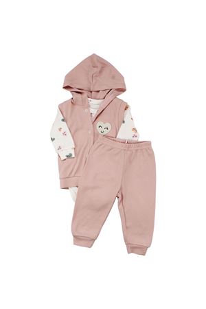 Kız Bebek Ekru Pembe Renkli Kalp Baskılı Yelekli 3'lü Takım