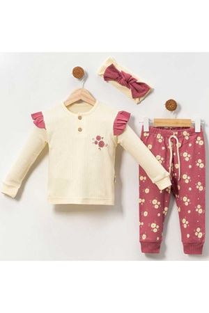 Kız Bebek Ekru Mor Çiçek Desenli Bandanalı 2'li Takım