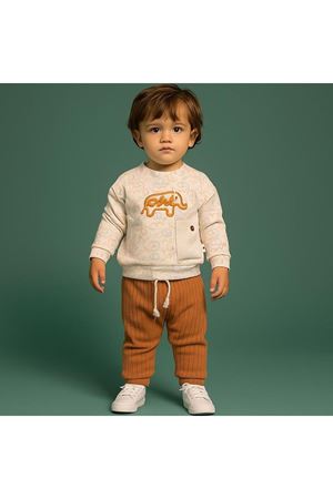 Erkek Bebek Ekru Kahve Filli Desenli 2'li Takım
