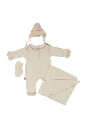 Unisex Ekru Bej Biyeli Bereli Tulum Battaniye Dört Parça Set 0-3 Ay