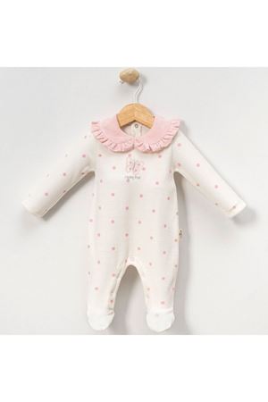 Kız Bebek Ekru Pembe Puanlı Kelebekli Patikli Kadife Tulum