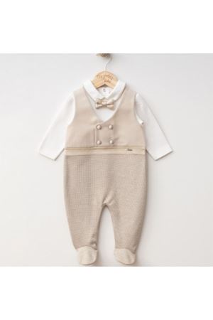 Erkek Bebek Ekru Kahve Papyonlu Kendinden Yelekli Patikli Tulum