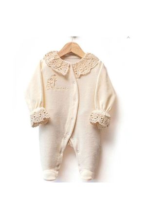 Kız Bebek Bej Dantelli Yakalı Kadife Çıtçıtlı Tulum