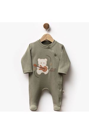 Erkek Bebek Haki Yeşil Gitarlı Ayıcık Desenli Çıtçıtlı Patikli Tulum