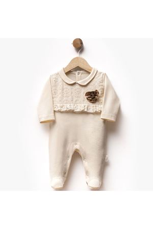 Kız Bebek Ekru Kahve Gül Armalı Dantelli Patikli Tulum