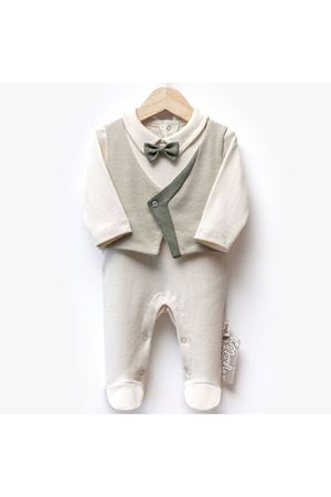 Erkek Bebek Ekru Yeşil Papyonlu Kendinden Yelekli Patikli Lüks Tulum