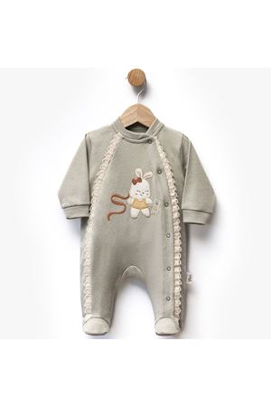 Kız Bebek Haki Yeşil Fistolu Tavşanlı Desenli Çıtçıtlı Patikli Tulum