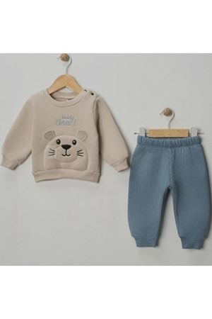 Erkek Bebek Gri Mavi Tedy Bear Ayılı Üç İp İkili Takım