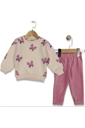 Kız Bebek Ekru Pempe Fiyonklu Baskılı Kadife Fitillli Taytlı 2'li Takım