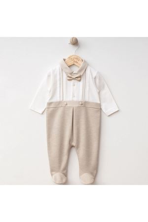 Erkek Bebek Ekru Kahve Papyonlu Patikli Tulum