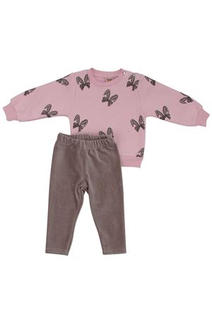 Kız Bebek Pembe Kahve Fiyonklu Baskılı Kadife Fitillli Taytlı 2'li Takım
