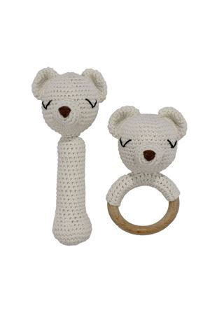 Amigurumi Sevimli Ekru Ayı Diş Kaşıyıcı Çıngıraklı Organik Oyuncak 2'li Set