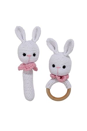 Amigurumi Sevimli Beyaz Pembe Tavşan Diş Kaşıyıcı Çıngıraklı Organik Oyuncak 2'li Set