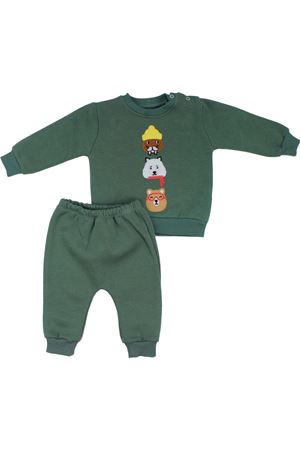 Erkek Bebek Yeşil Bereli Hayvanlı Üç İp İkili Takım