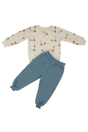 Erkek Çocuk Ekru Mavi Renkli Scooter Baskılı Üç İp 2'li Takım