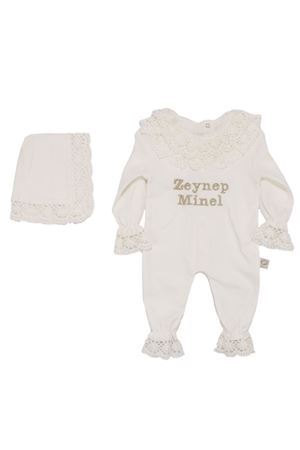 Kız Bebek Ekru Fisto Dantelli Bereli İsme Özel Tulum 0-3 Ay