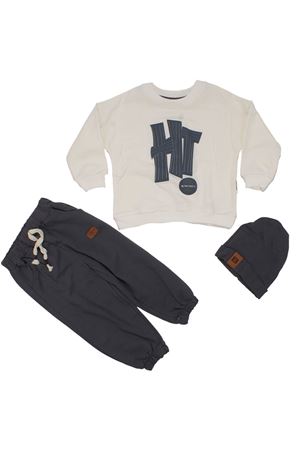 Erkek Çocuk Beyaz Gri Hİ Baskılı Bereli 3'lü Takım