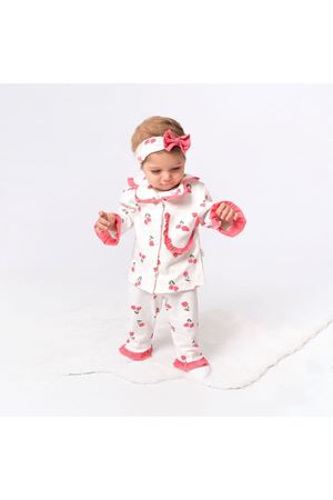 Kız Çocuk Ekru Pembe Lale Desenli Fırfırlı Bandanalı Pijama Takımı