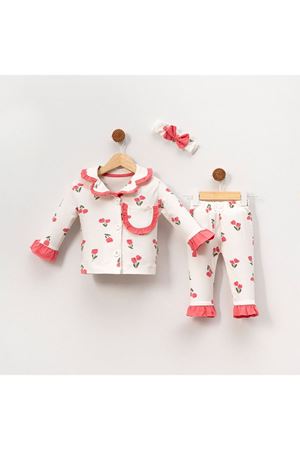 Kız Çocuk Ekru Pembe Lale Desenli Fırfırlı Bandanalı Pijama Takımı