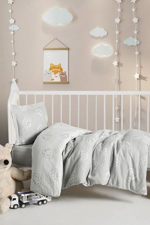 Kanz Jakarlı Müslin Bebek Nevresim Takımı Knz-013 Bear Gri