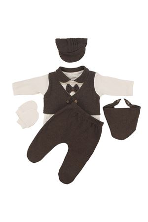 Erkek Bebek Ekru Kahve Papyonlu Şapkalı Kendinden Yelekli Beş Parça Hastane Çıkış Seti