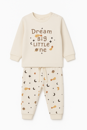 Erkek Çocuk Ekru Dream Yıldızlı Baskılı Pijama Takımı