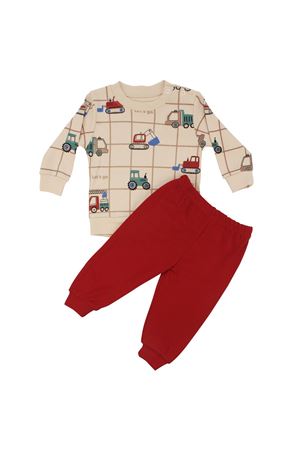 Erkek Bebek Bej Kırmızı Traktör Baskılı 2'li Takım