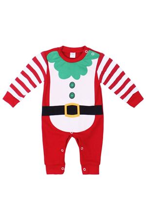 Unisex Kırmızı Kemer Baskılı Kolları Çizgili Noel Tulum