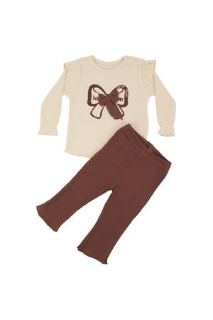 Kız Bebek Ekru Kahve Fiyonklu Fitillli 2'li Takım