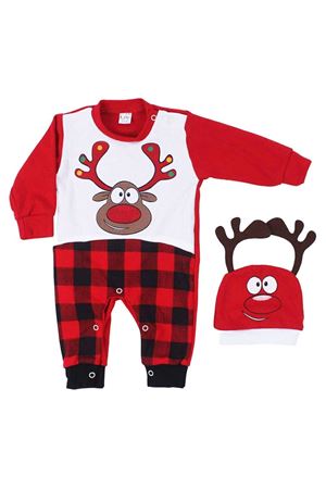 Unisex Kırmızı Ekoseli Geyikli Şapkalı Noel Tulum