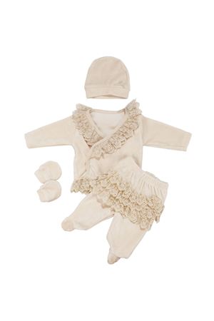 Kız Bebek Ekru Dantelli Kadife Beş Parça Hastane Çıkış Seti