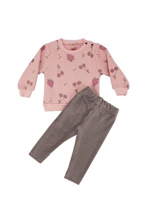 Kız Bebek Pembe Kahve Kirazlı Baskılı Kadife Taytlı 2'li Takım