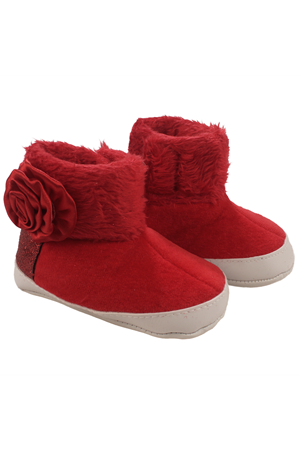 Kız Bebek Kırmızı Tüylü Kürklü Güllü Cırtlı Bot Panduf